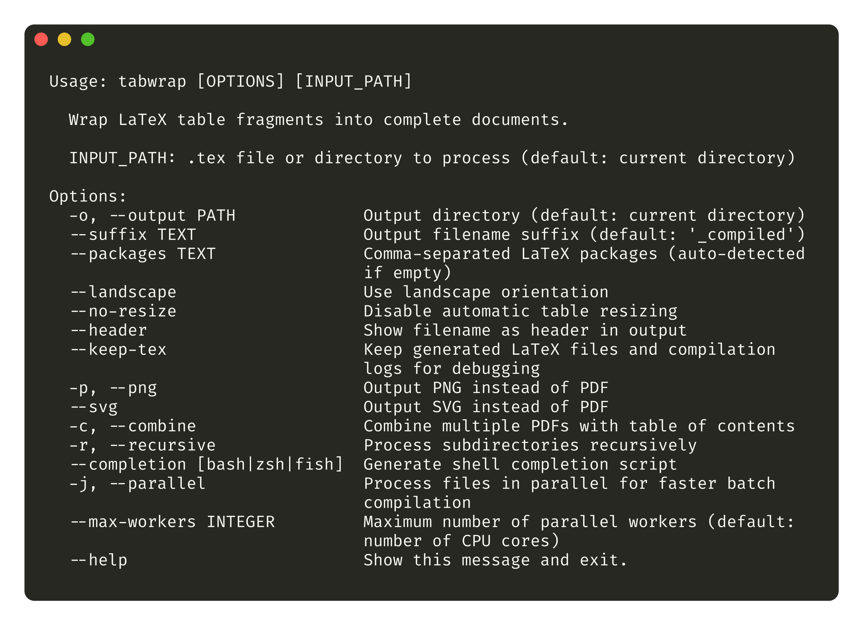 tabwrap CLI showing automatic LaTeX package detection and table compilation with verbose output